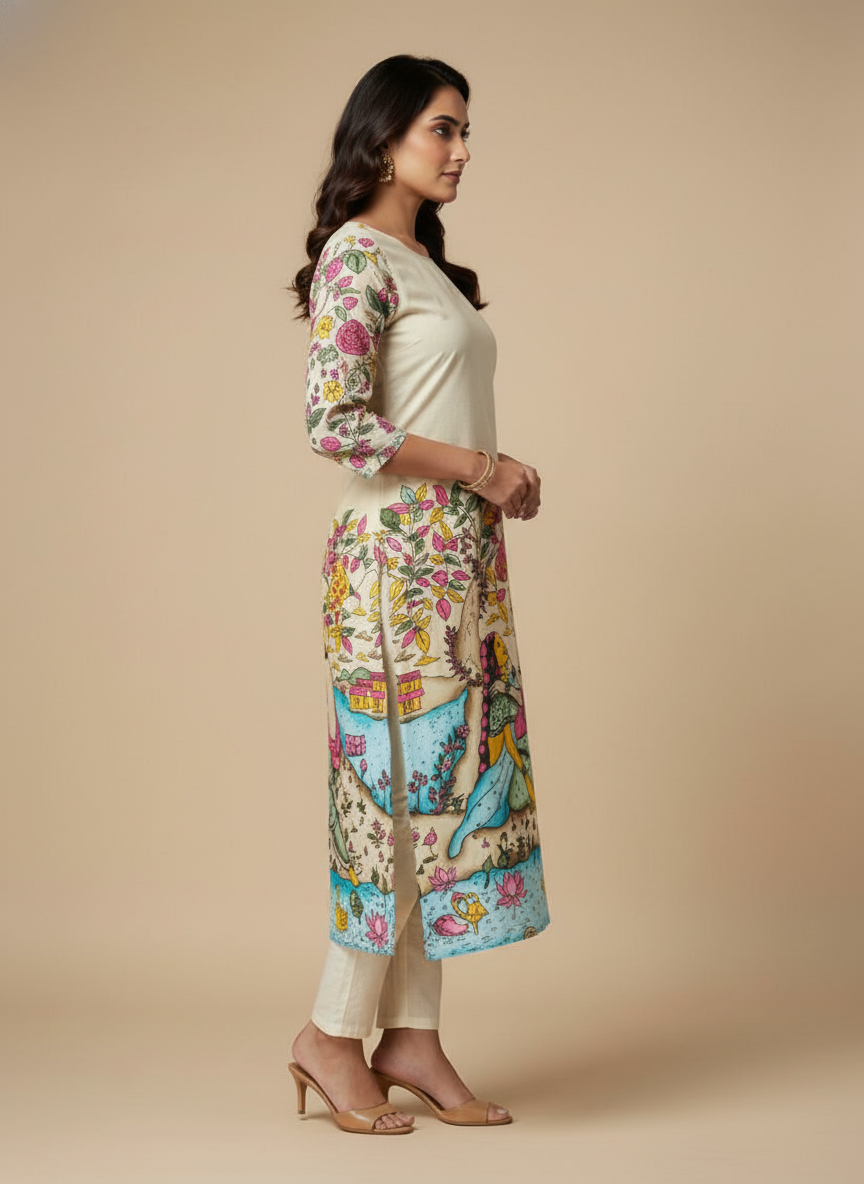 Women’s Off-White Printed Straight Kurta with 3/4th Sleeves