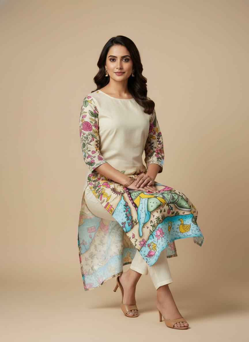 Women’s Off-White Printed Straight Kurta with 3/4th Sleeves