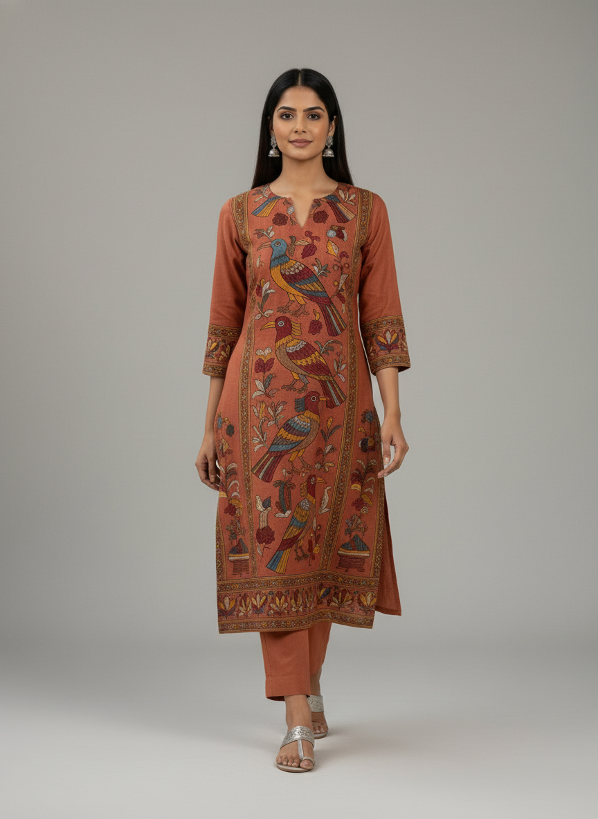 Rust Brown Kalamkari Bird Motif Straight Kurta