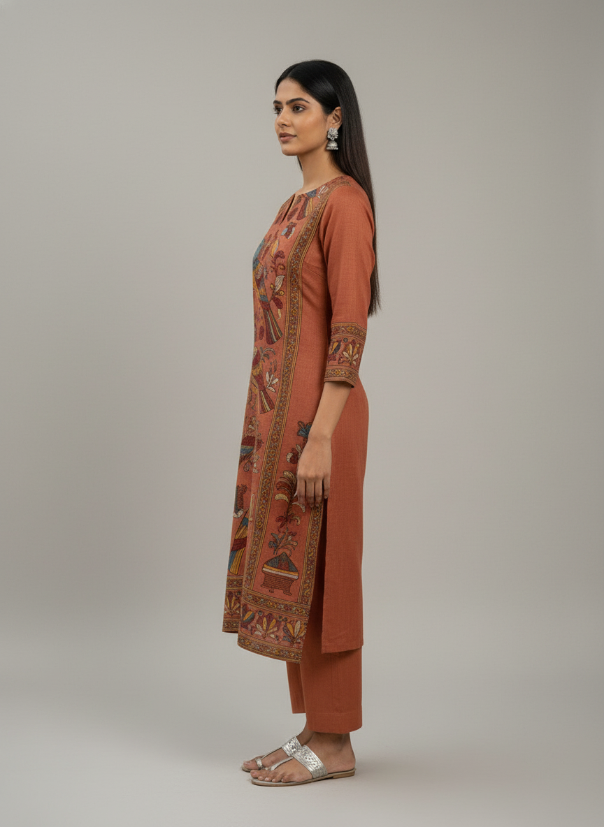 Rust Brown Kalamkari Bird Motif Straight Kurta