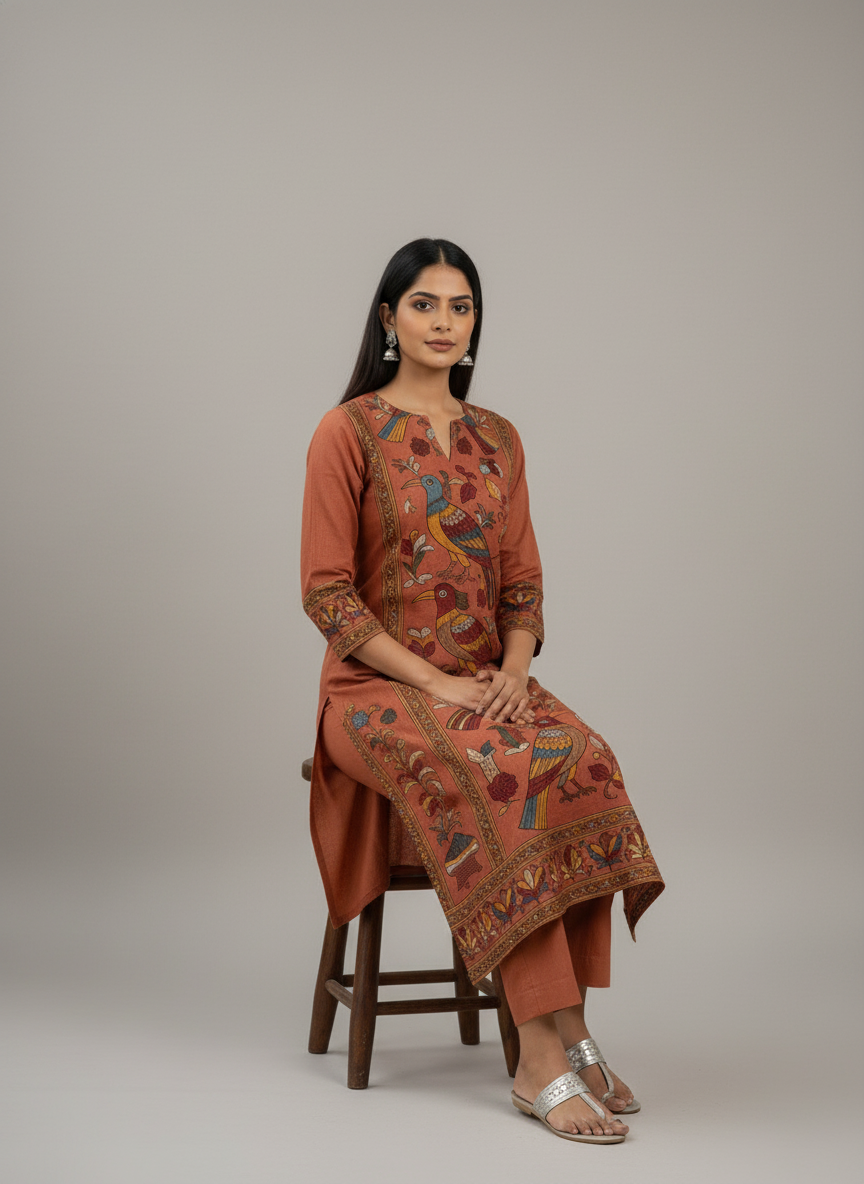 Rust Brown Kalamkari Bird Motif Straight Kurta