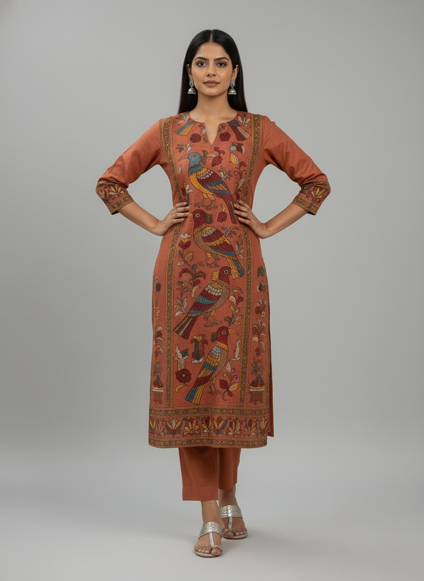 Rust Brown Kalamkari Bird Motif Straight Kurta