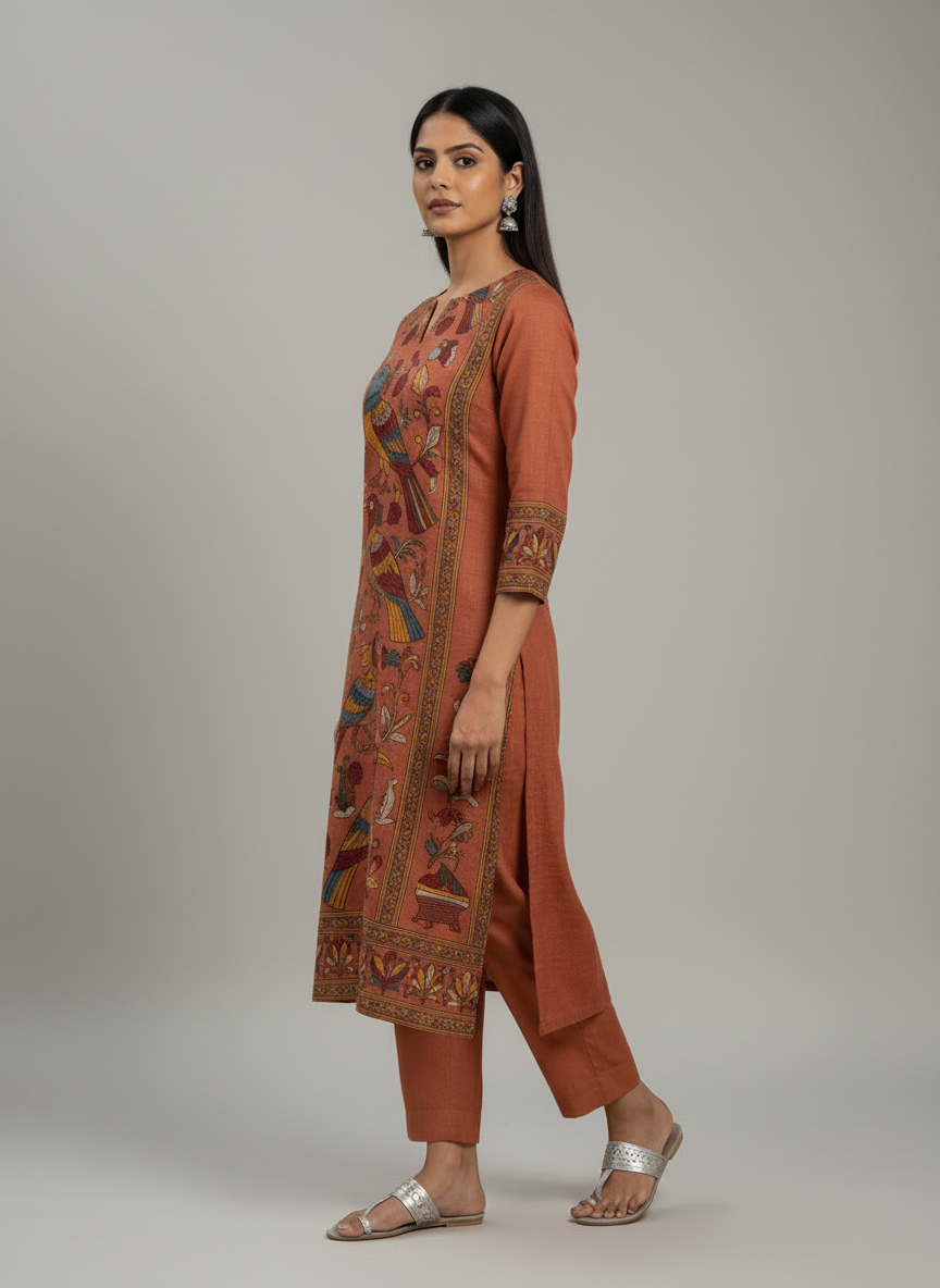 Rust Brown Kalamkari Bird Motif Straight Kurta