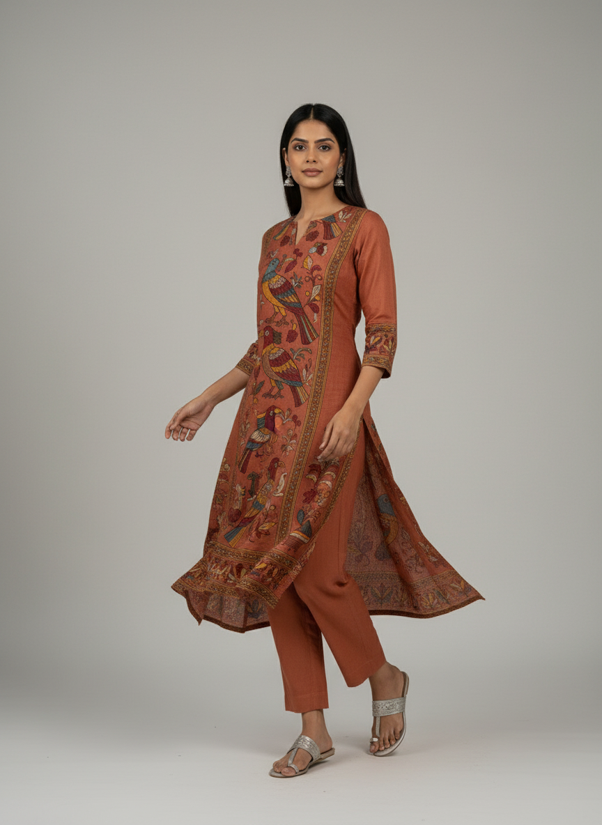 Rust Brown Kalamkari Bird Motif Straight Kurta