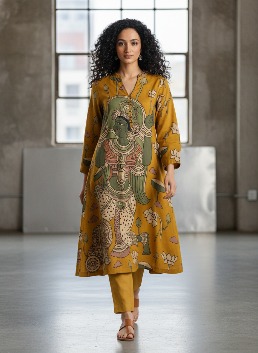 Women’s Mustard Yellow Ethnic Kurta with Divine Kalamkari Print
