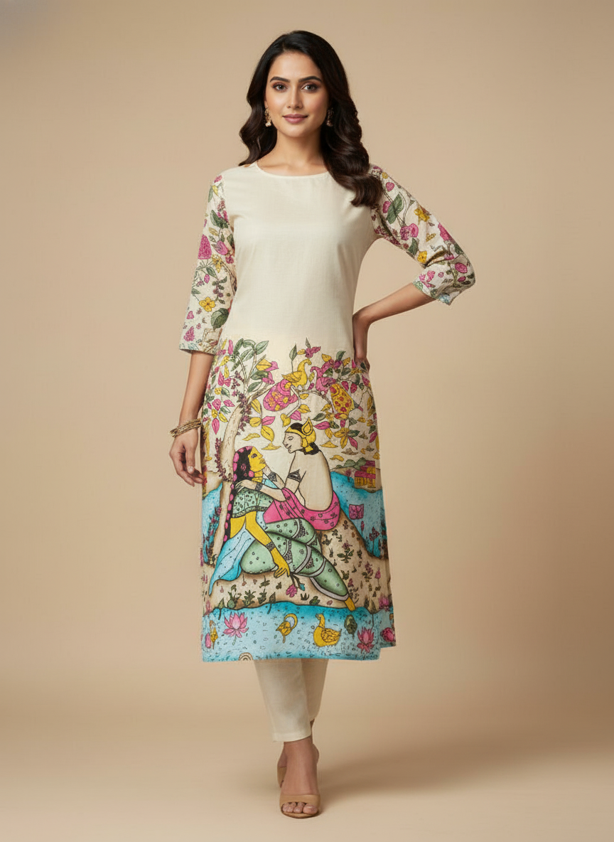 Women’s Off-White Printed Straight Kurta with 3/4th Sleeves