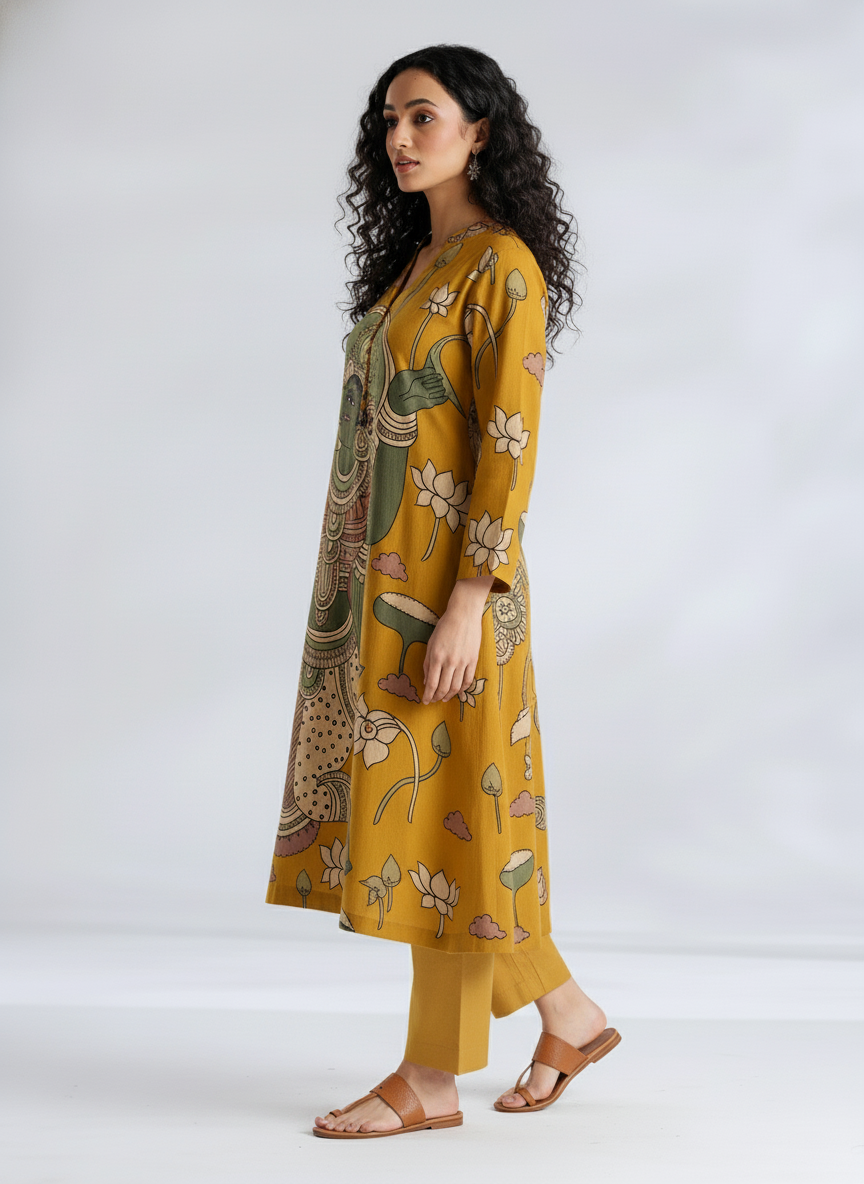 Women’s Mustard Yellow Ethnic Kurta with Divine Kalamkari Print