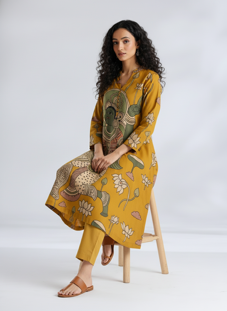 Women’s Mustard Yellow Ethnic Kurta with Divine Kalamkari Print