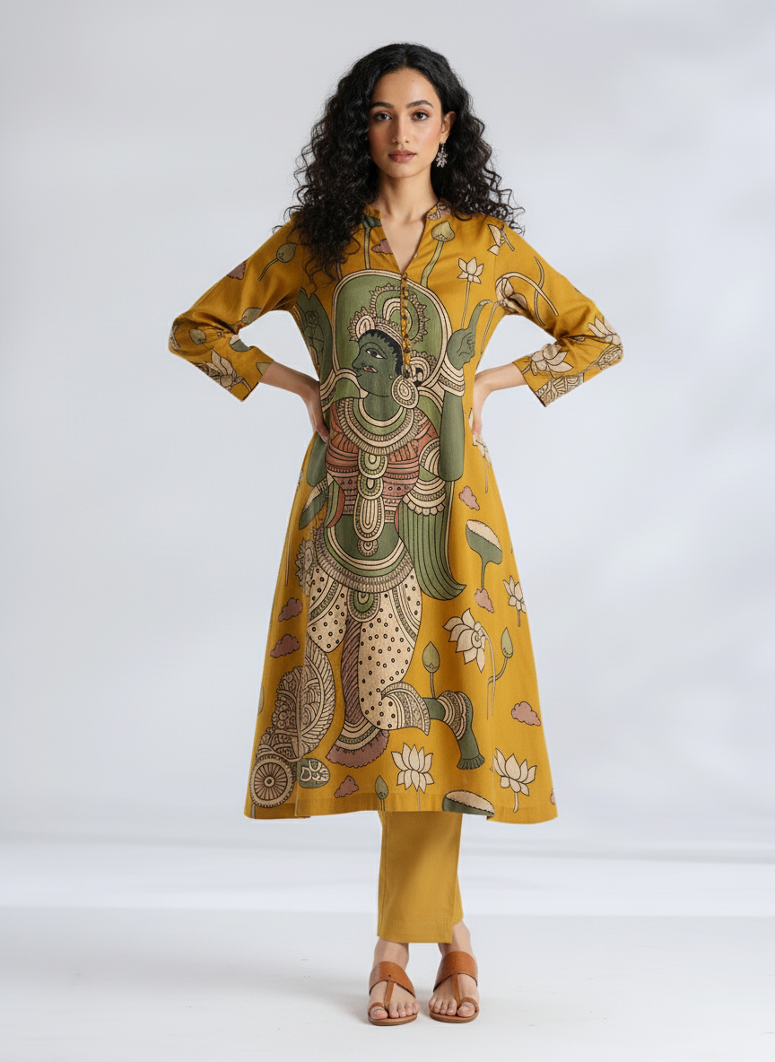 Women’s Mustard Yellow Ethnic Kurta with Divine Kalamkari Print
