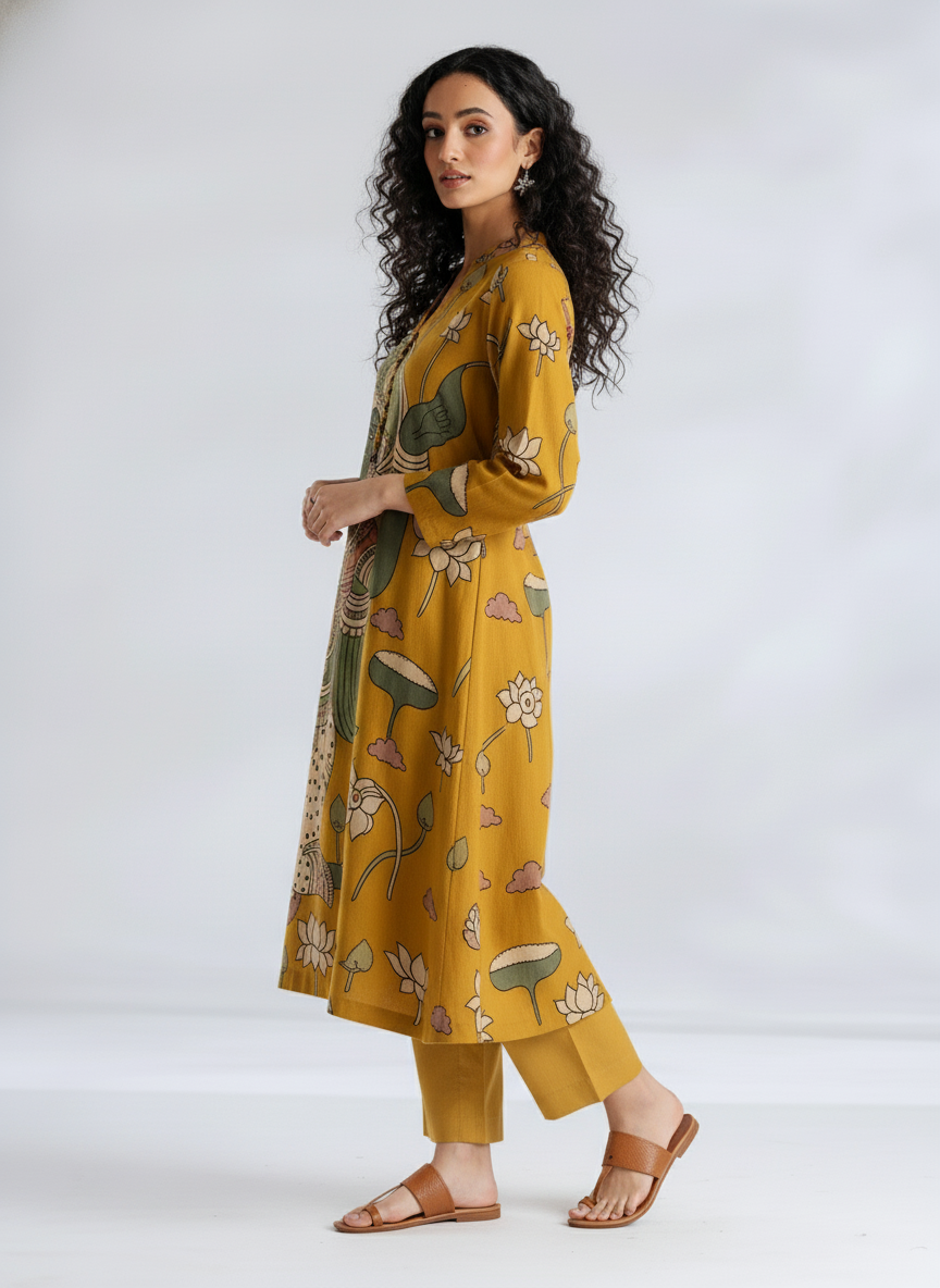 Women’s Mustard Yellow Ethnic Kurta with Divine Kalamkari Print