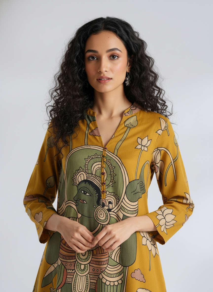 Women’s Mustard Yellow Ethnic Kurta with Divine Kalamkari Print