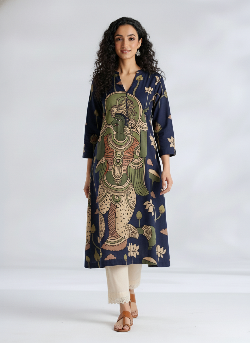 Elegant Navy Blue Straight Kurta with Traditional Kalamkari Print