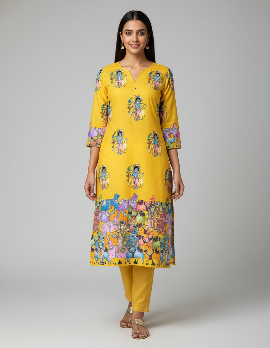 Yellow Krishna Print Cotton Kurta Set for Women