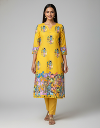 Yellow Krishna Print Cotton Kurta Set for Women