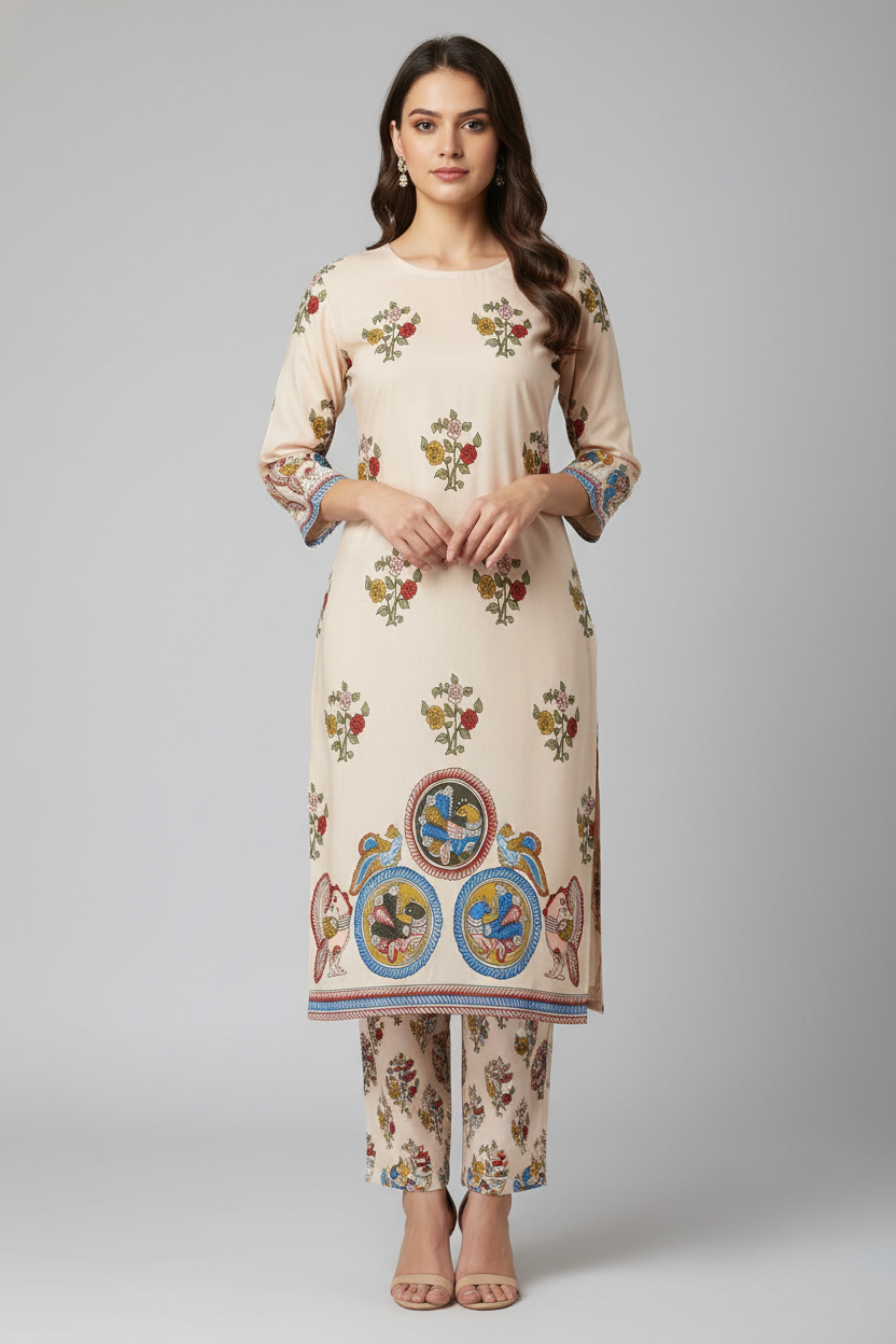 Beige Floral Printed Straight Kurta Set with Traditional Motif Border