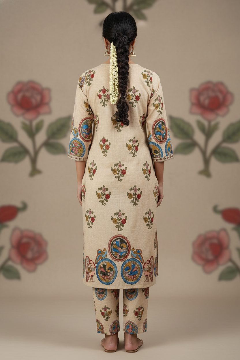 Beige Floral Printed Straight Kurta Set with Traditional Motif Border