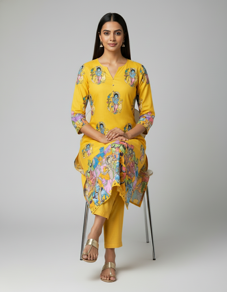 Yellow Krishna Print Cotton Kurta Set for Women