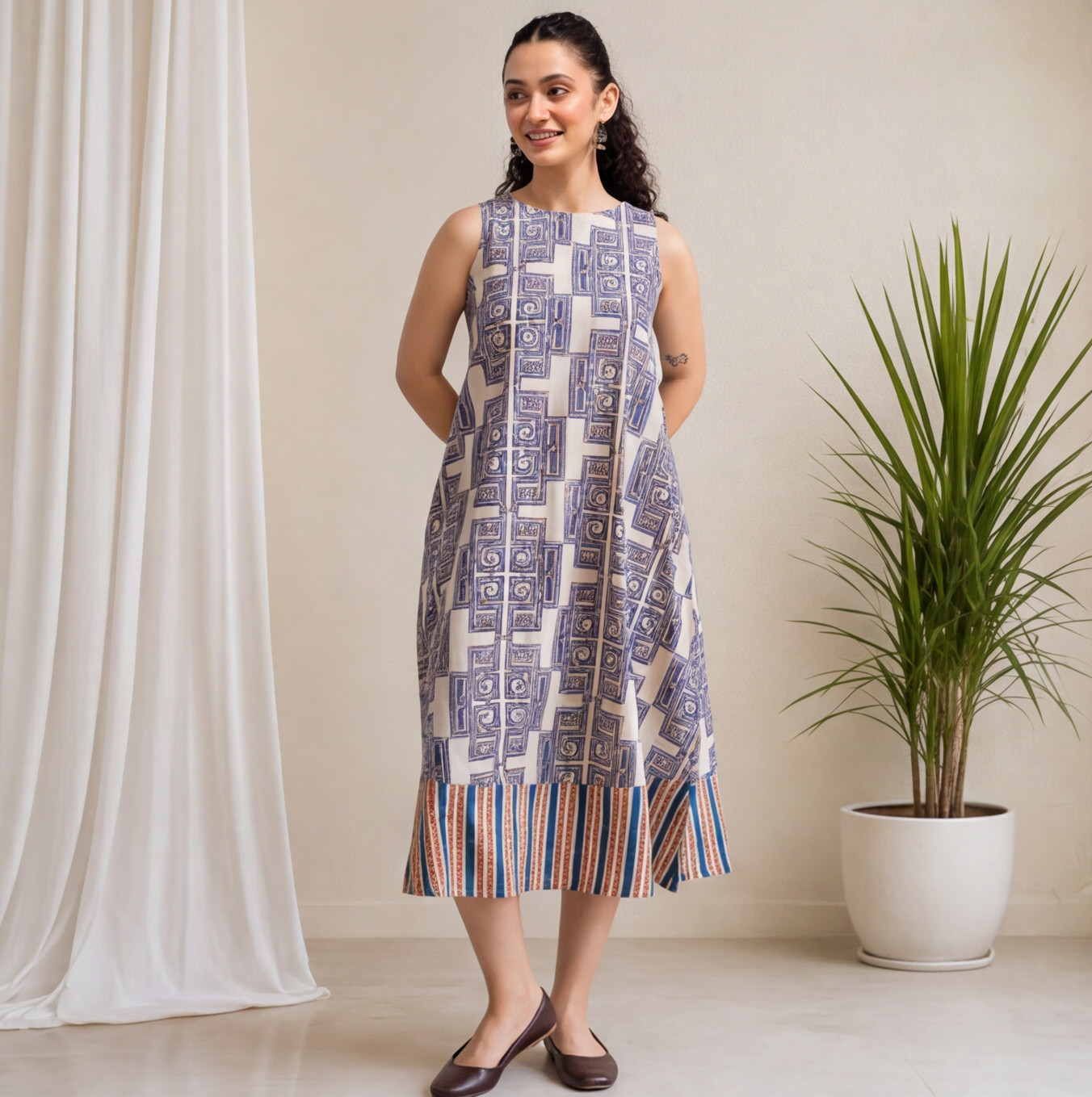 Women's Blue & White Printed Cotton A-Line Dress