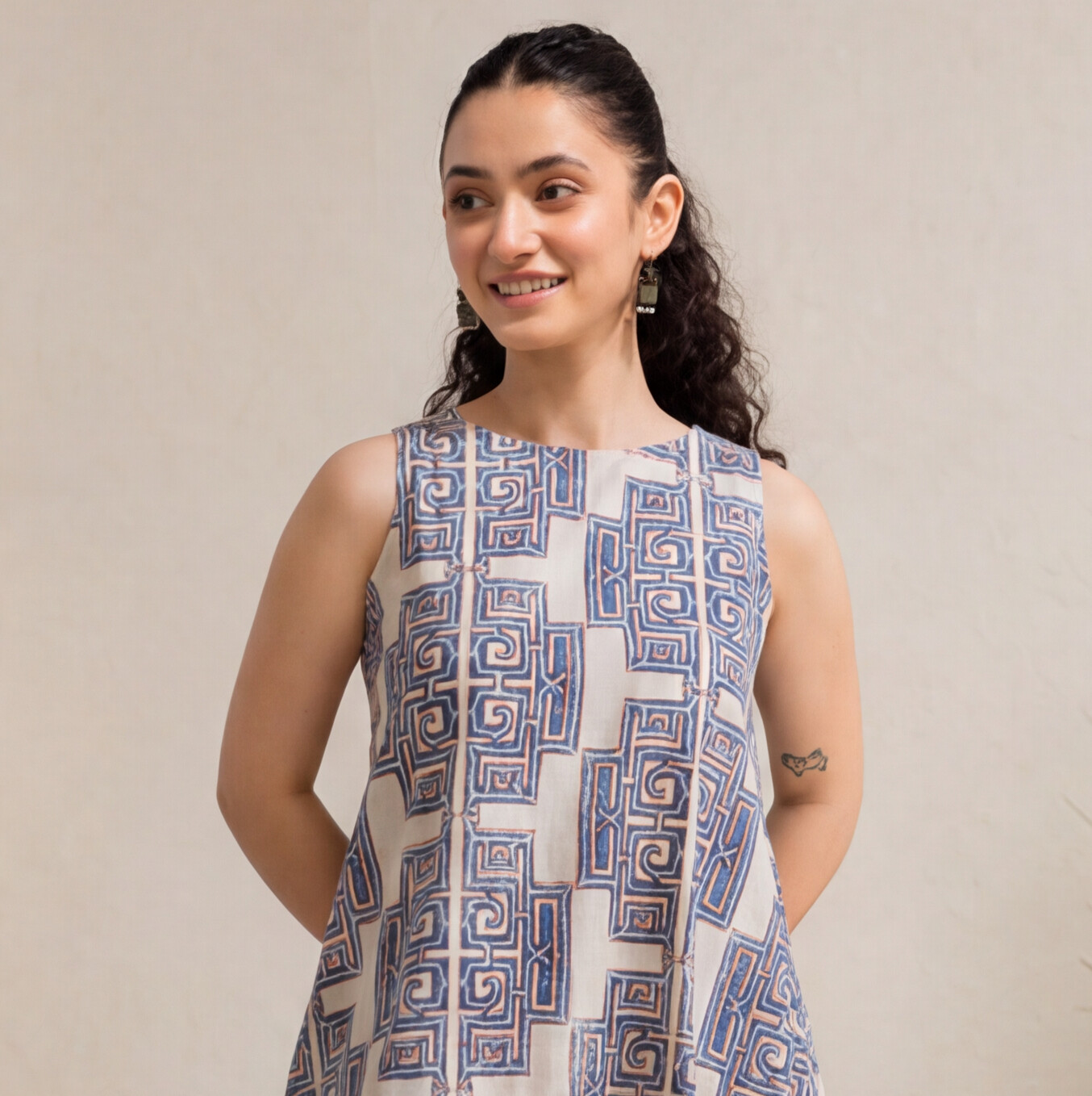 Women's Blue & White Printed Cotton A-Line Dress