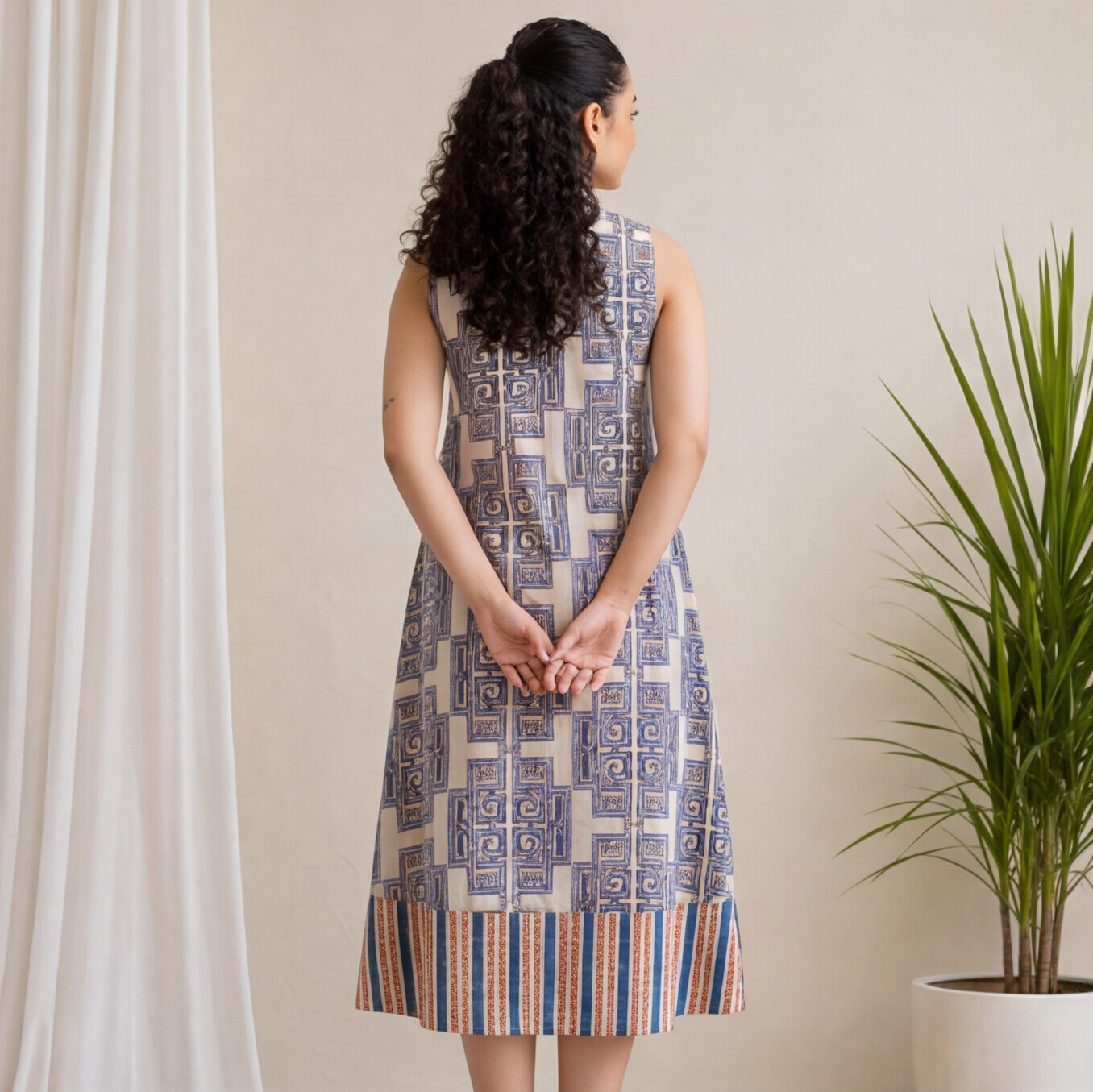 Women's Blue & White Printed Cotton A-Line Dress