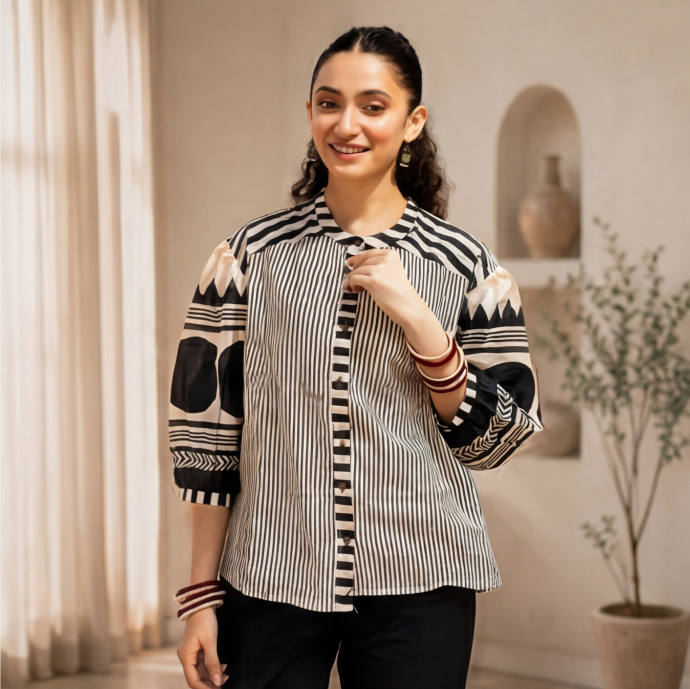 Women's Grey & Black Printed Cotton Jacket Top