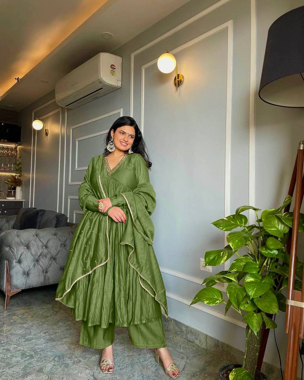 Olive Green Crushed Silk Angrakha