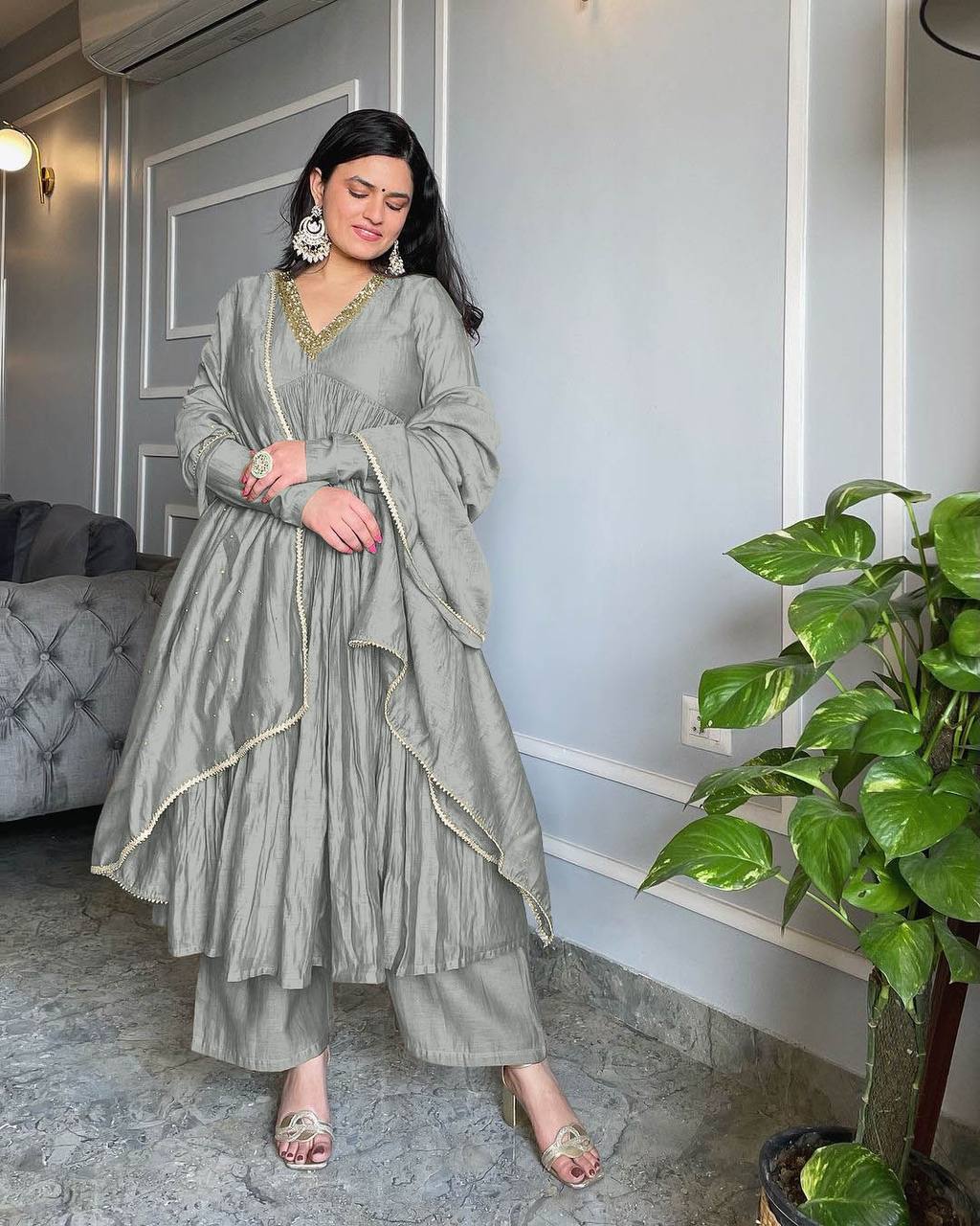 Elegant Grey Anarkali Kurta Set with Dupatta