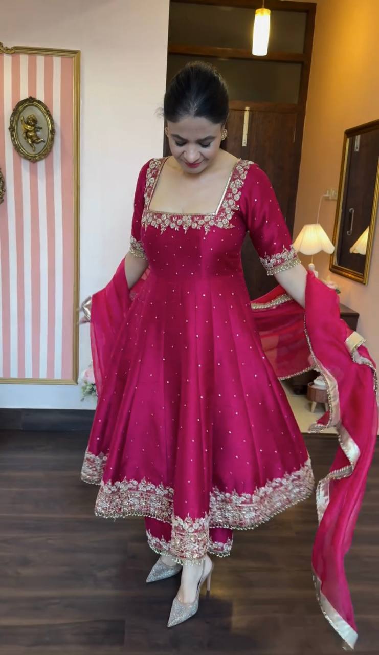 Deep Pink Embellished Anarkali Set with Dupatta