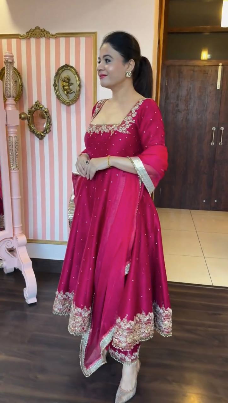 Deep Pink Embellished Anarkali Set with Dupatta