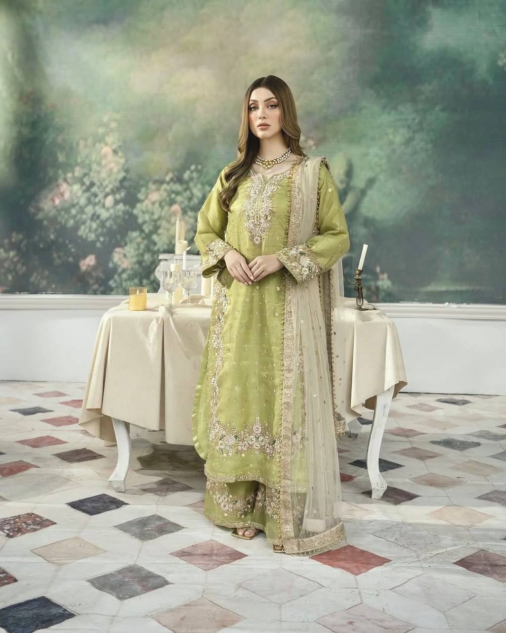 Lime Green Embellished Straight Suit Set with Net Dupatta