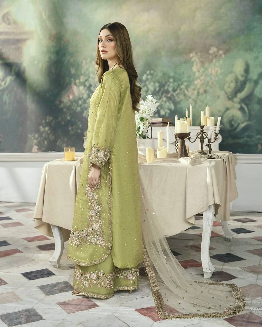 Lime Green Embellished Straight Suit Set with Net Dupatta