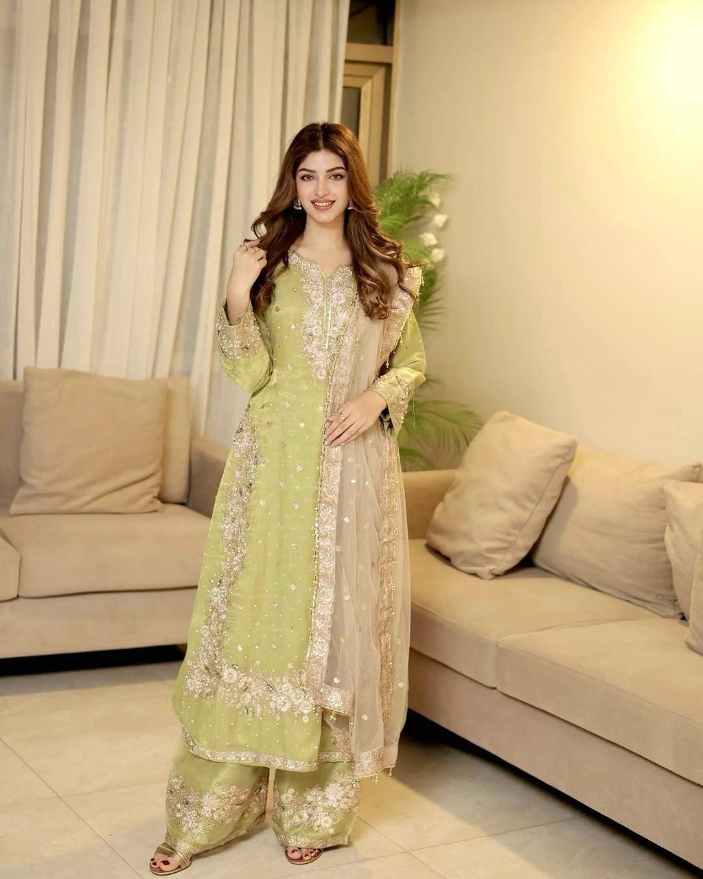Lime Green Embellished Straight Suit Set with Net Dupatta