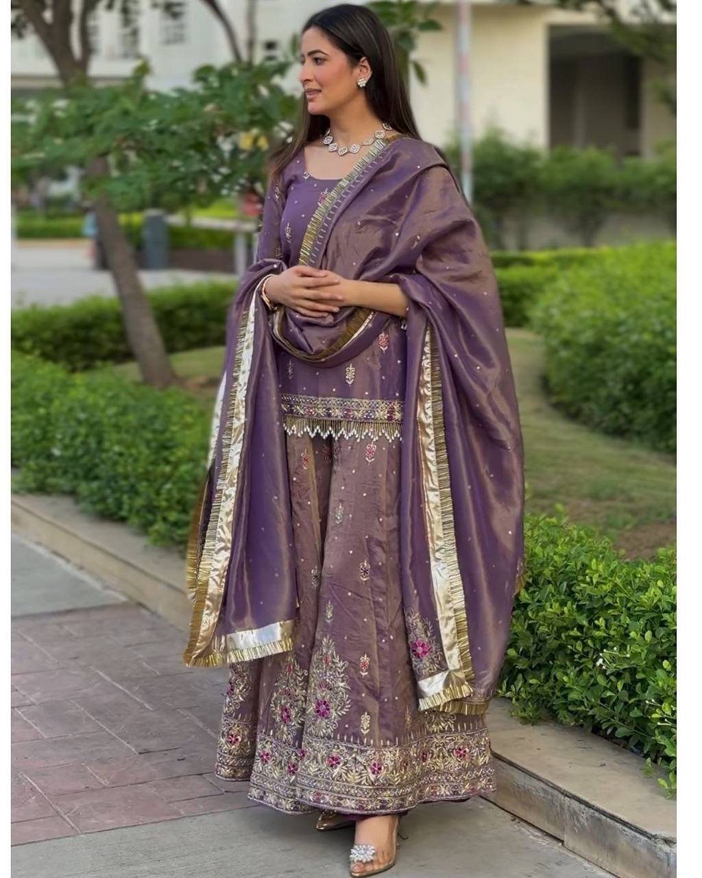 egal Purple Embroidered Sharara Set with Silk Dupatta