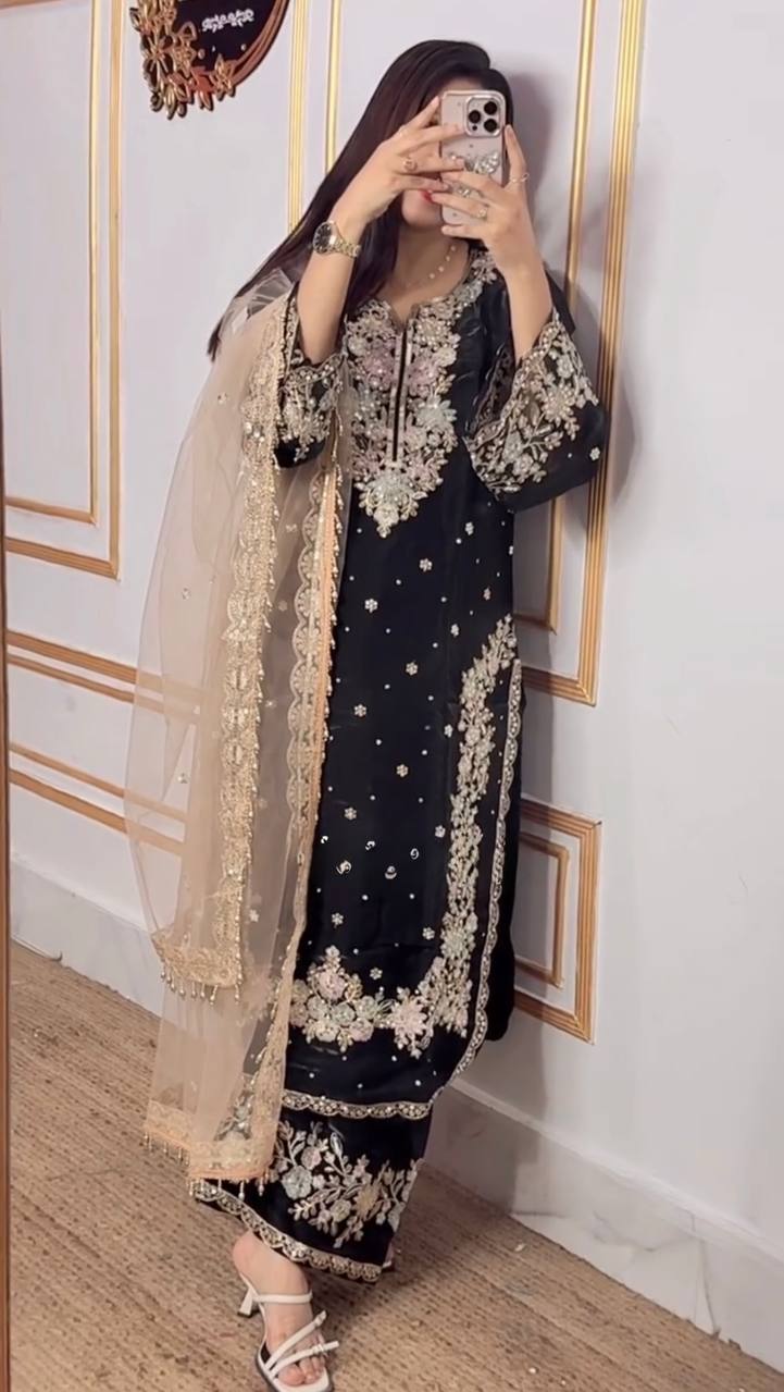 Midnight Black Embroidered Formal Suit Set with Net Dupatta