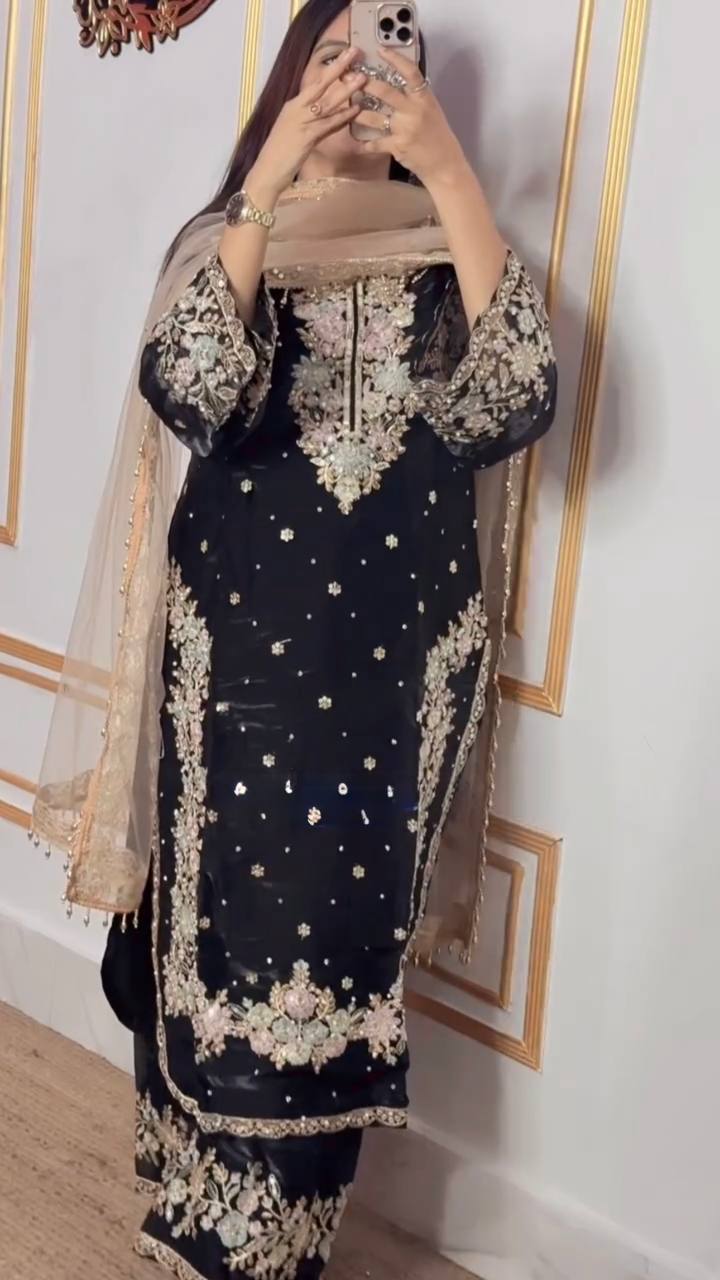 Midnight Black Embroidered Formal Suit Set with Net Dupatta