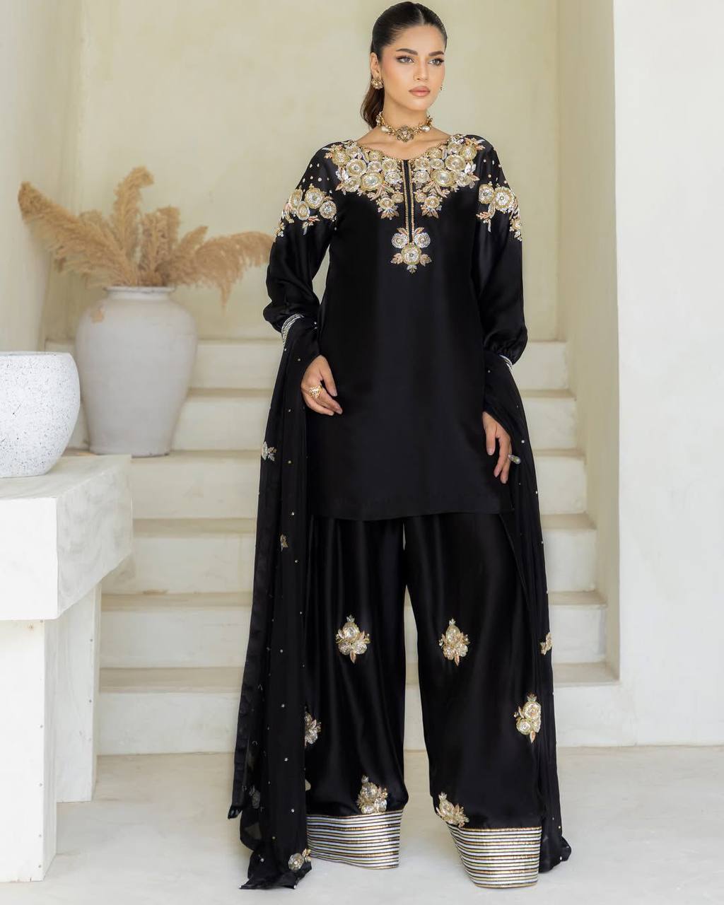 Black Embroidered Farshi Shalwar Suit