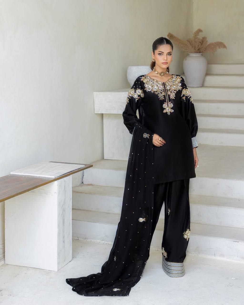 Black Embroidered Farshi Shalwar Suit