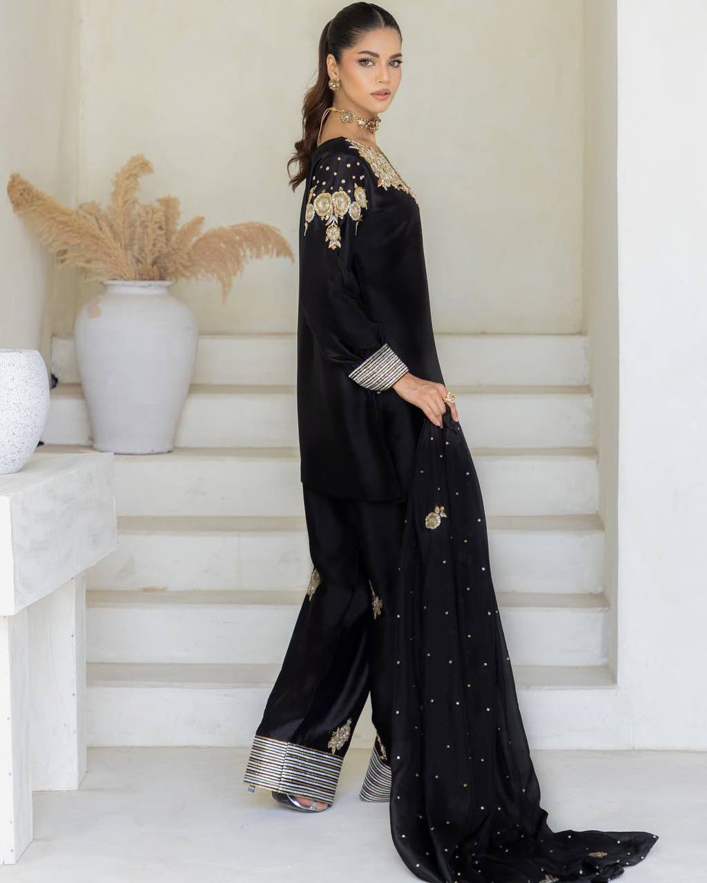 Black Embroidered Farshi Shalwar Suit