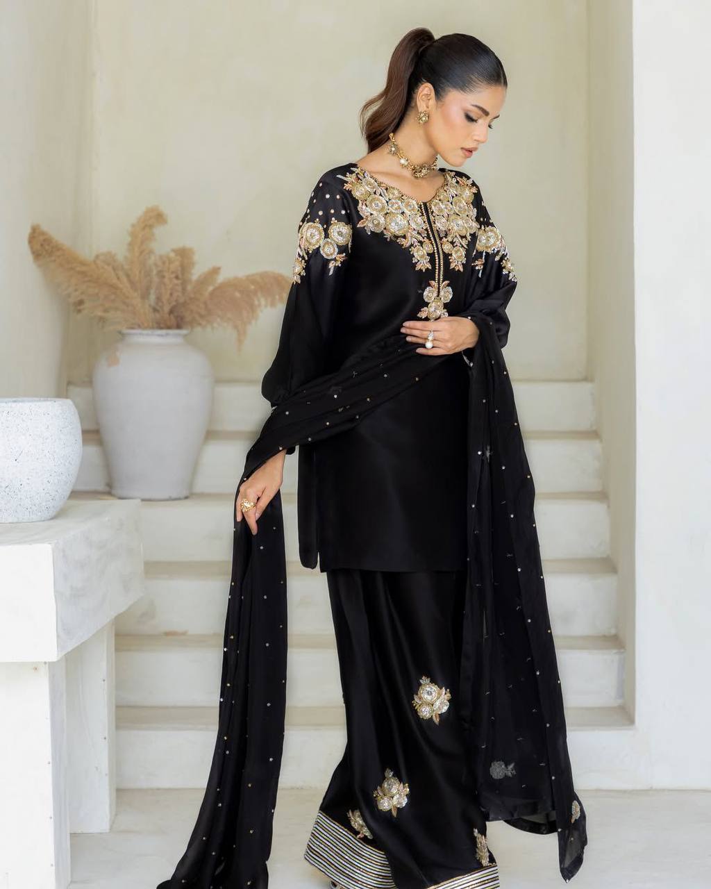 Black Embroidered Farshi Shalwar Suit