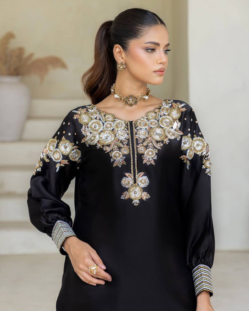 Black Embroidered Farshi Shalwar Suit