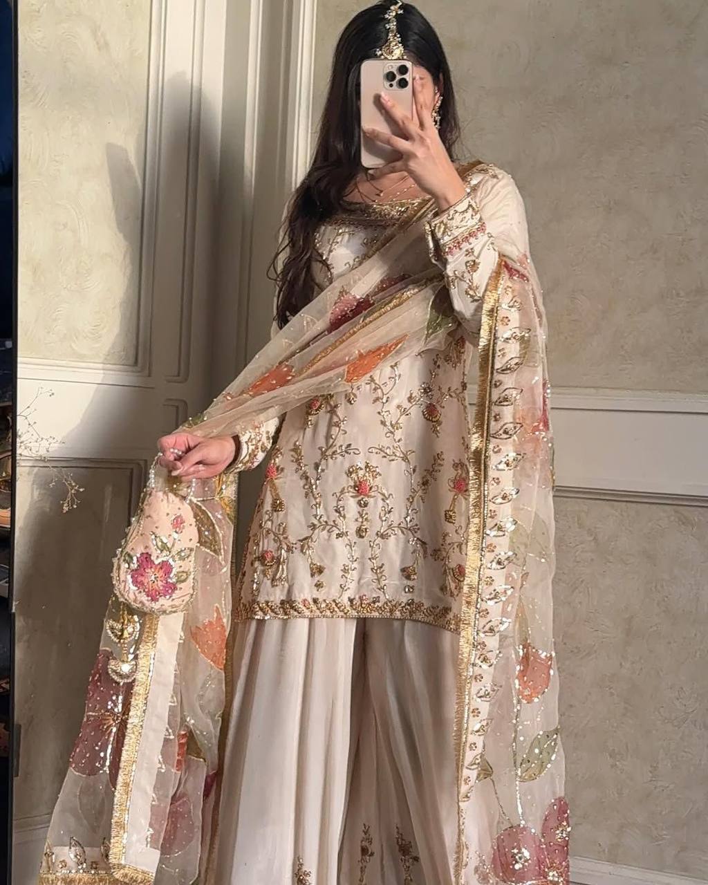 Ivory Embroidered Farshi Shalwar Suit