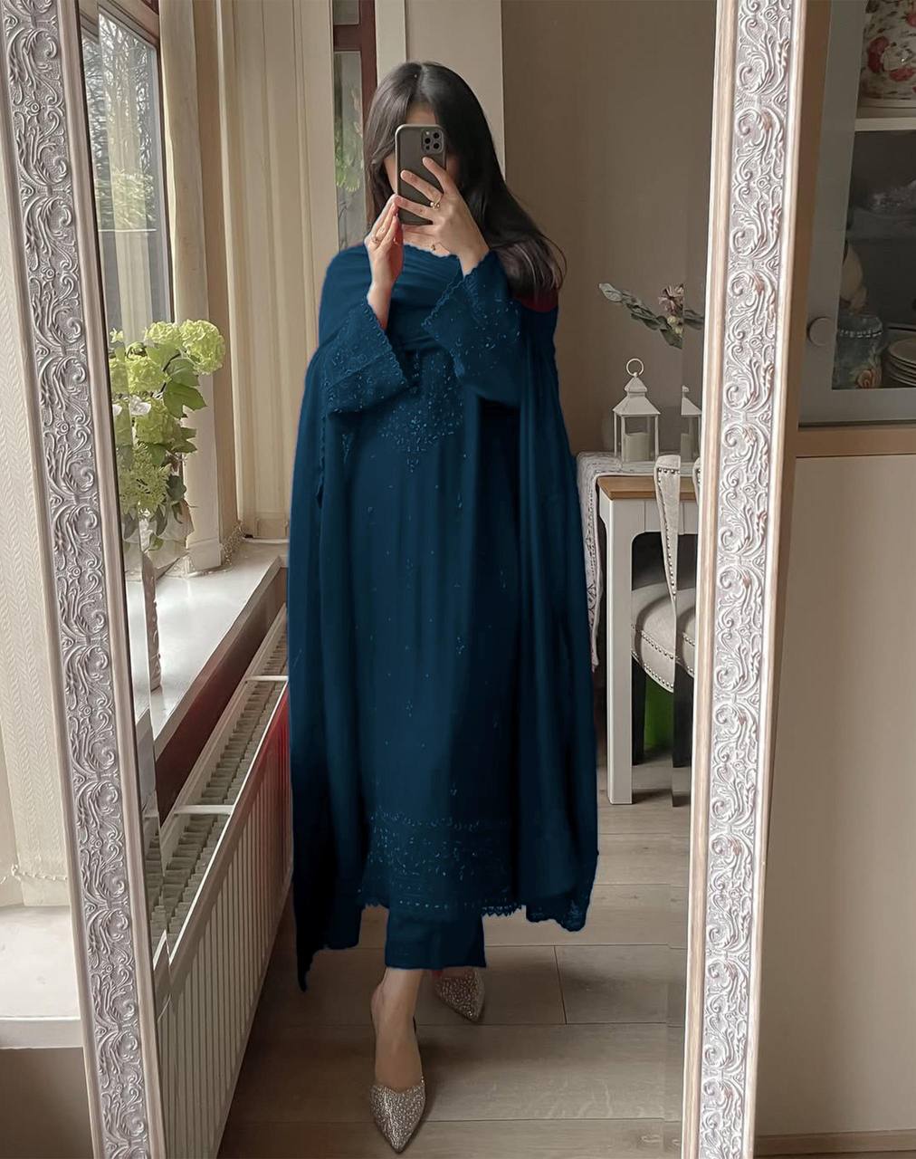 EXCLUSIVE 3 PIECE PLAZZO PAIR WITH   DUPATTA IN SEQUENCE EMBROIDERY WORK