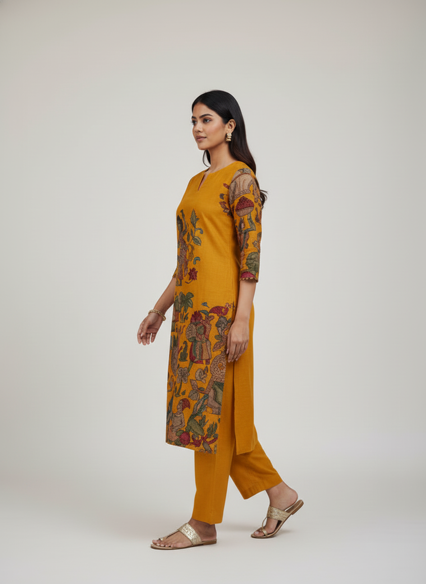 Mustard Kalamkari Folk Dance Print Straight Kurta