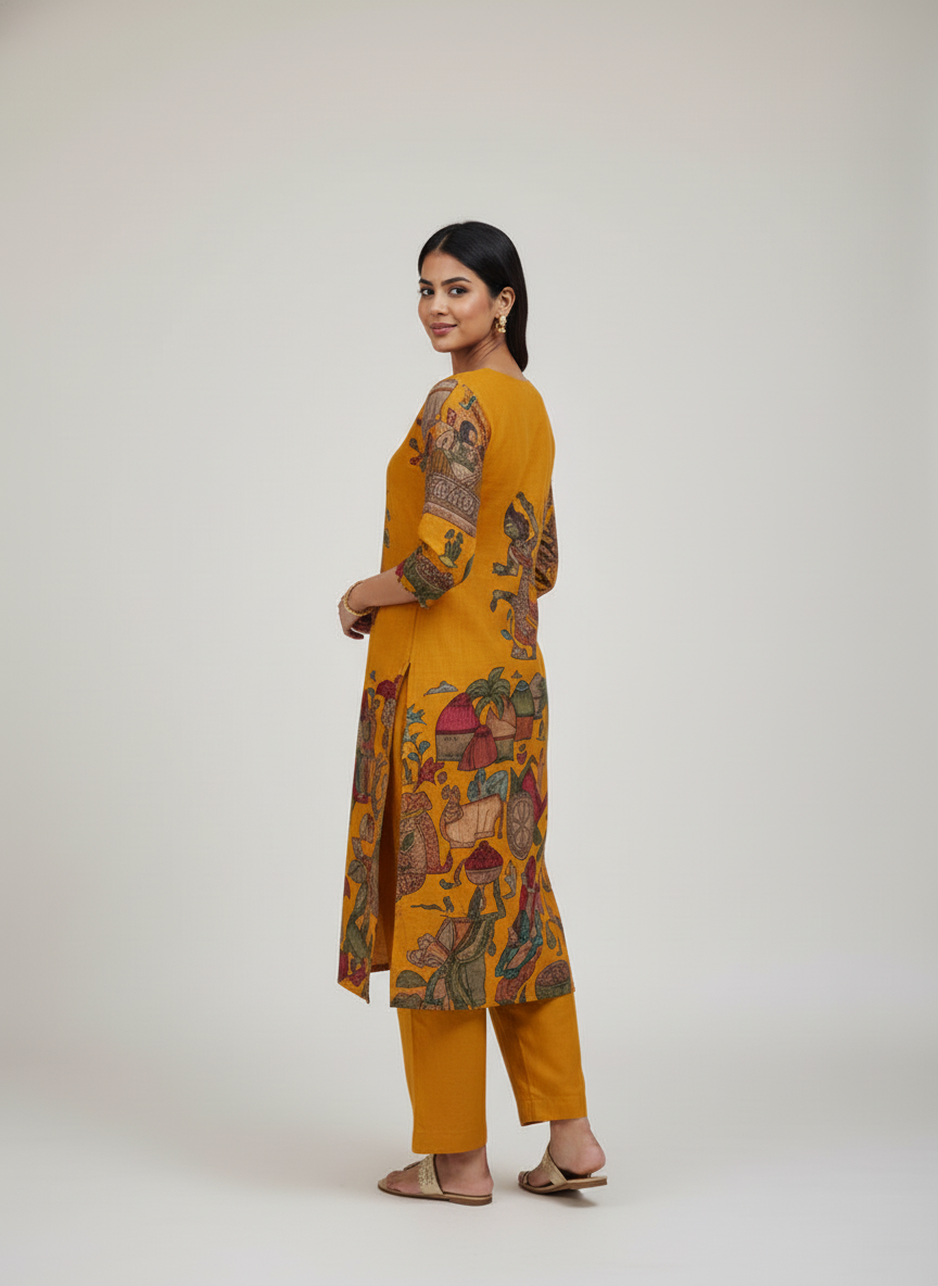 Mustard Kalamkari Folk Dance Print Straight Kurta
