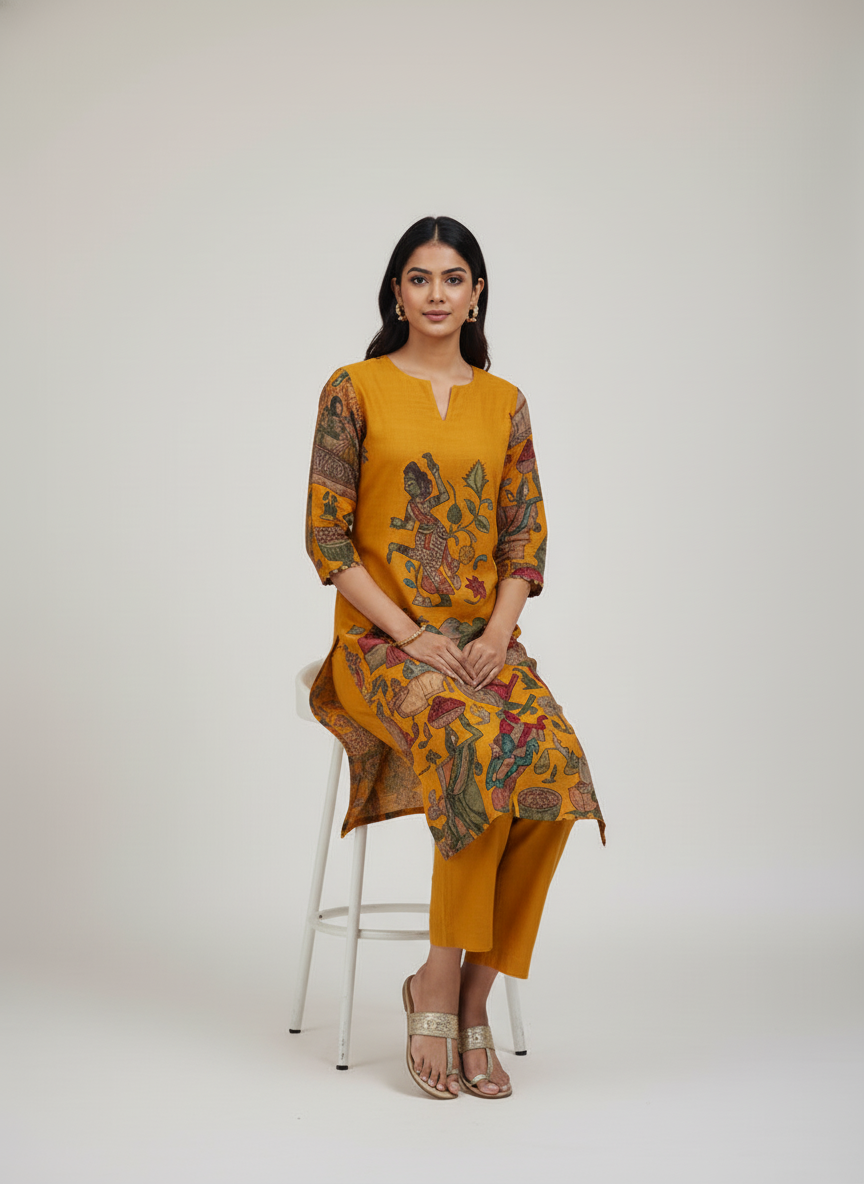 Mustard Kalamkari Folk Dance Print Straight Kurta