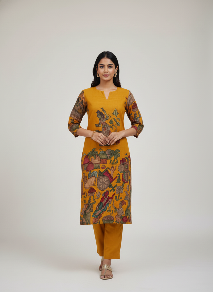 Mustard Kalamkari Folk Dance Print Straight Kurta