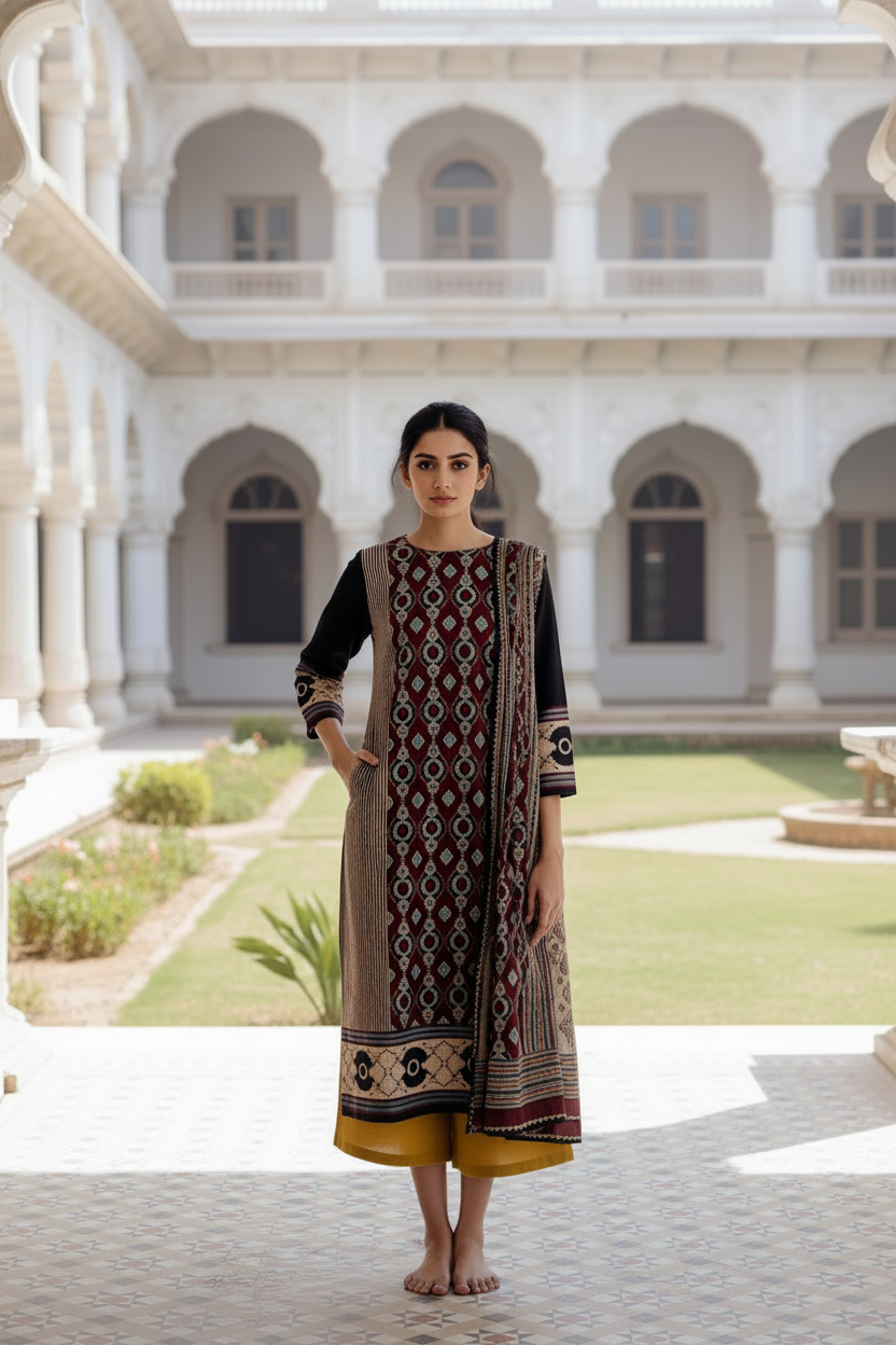 Women’s Printed Straight Kurta with Mustard Culottes