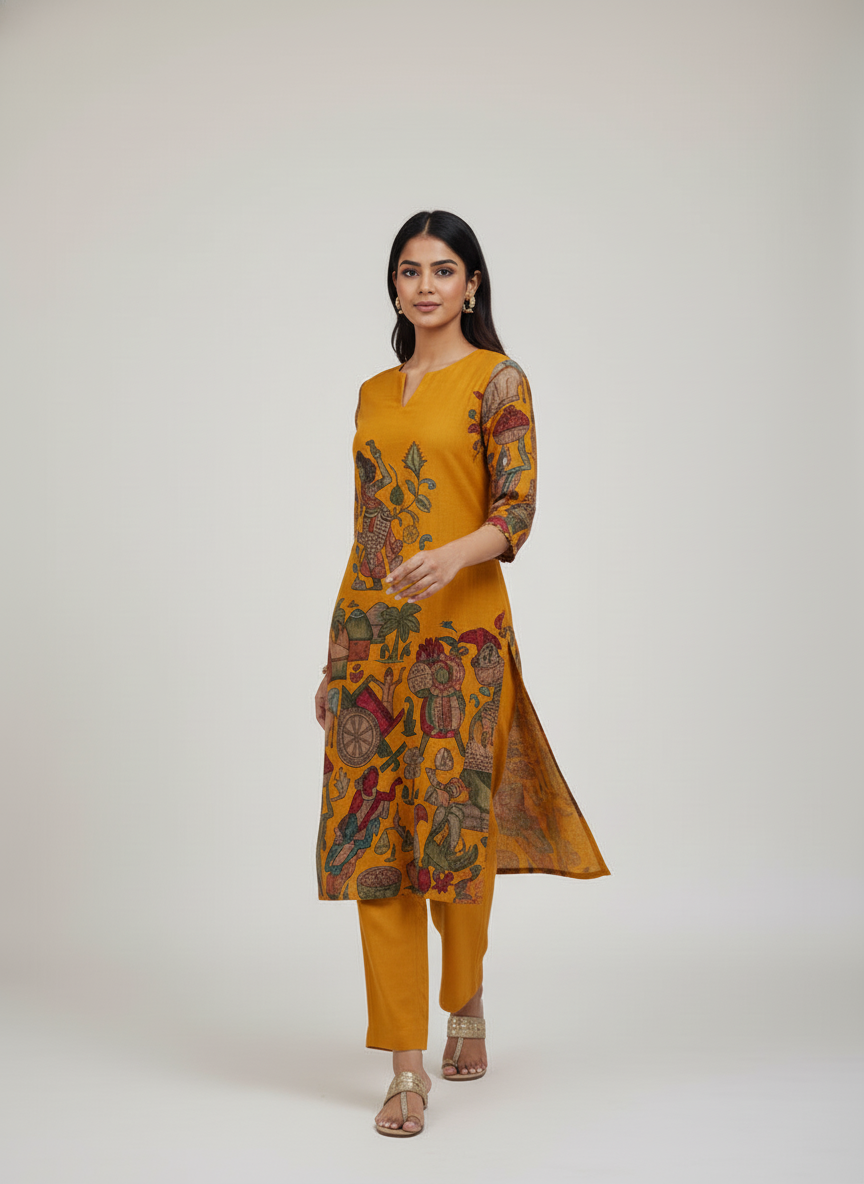 Mustard Kalamkari Folk Dance Print Straight Kurta