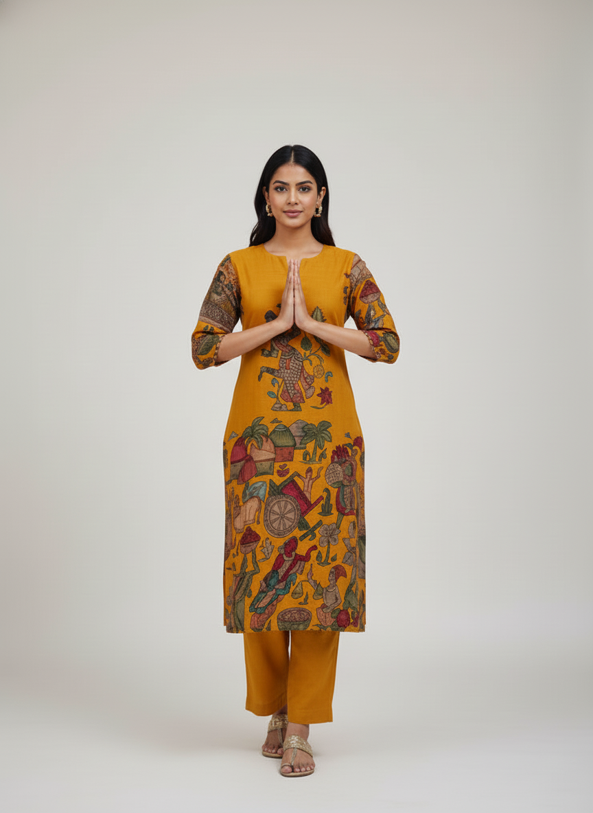 Mustard Kalamkari Folk Dance Print Straight Kurta