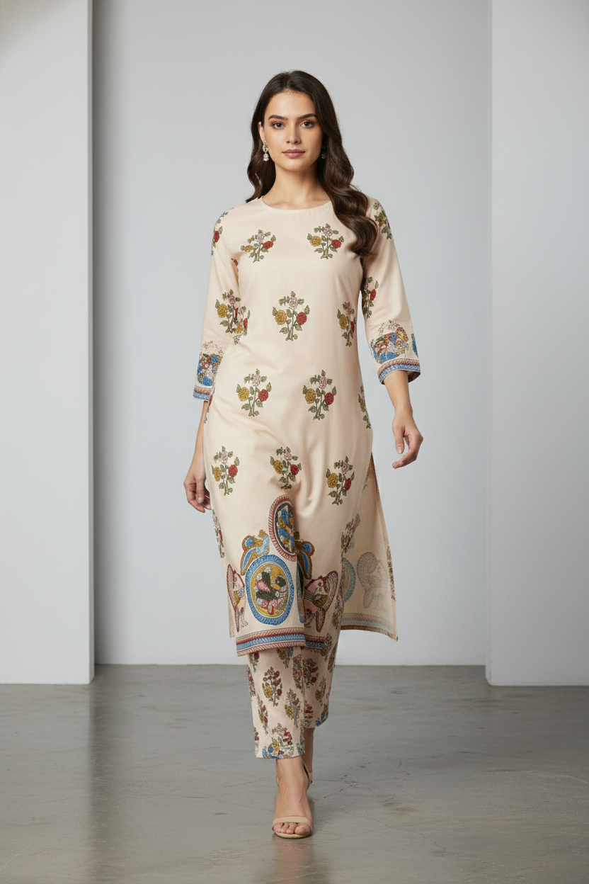 Beige Floral Printed Straight Kurta Set with Traditional Motif Border